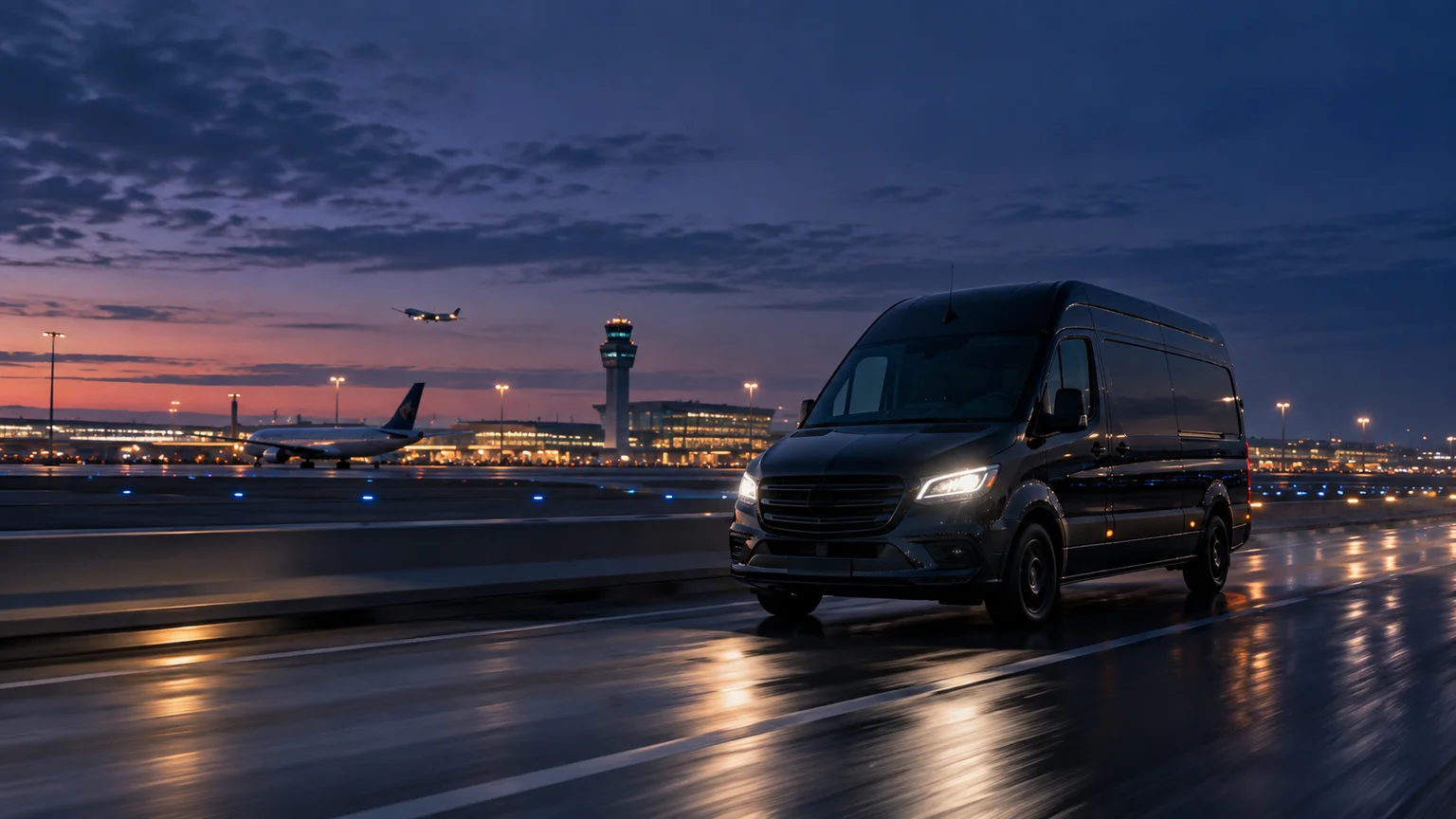 Dunkler Transporter am Flughafen bei Dämmerung
